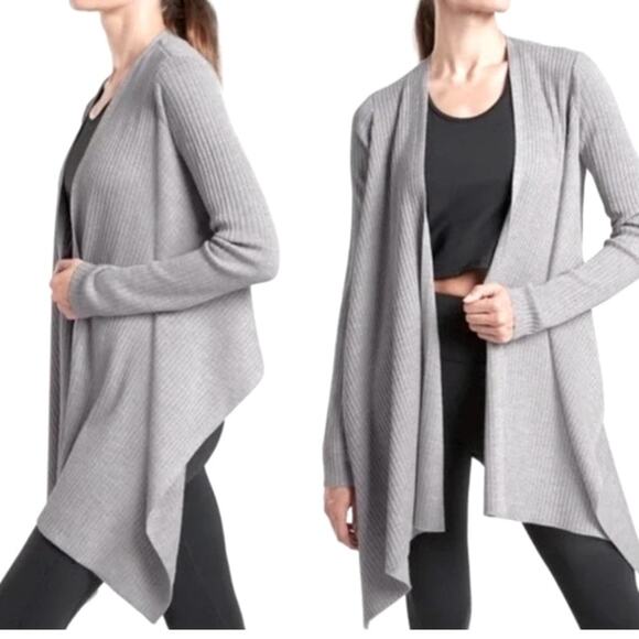 Athleta Solstice Wrap Ribbed Knit Merino Wool Waterfall Cardigan Sweater GRAY SM - Picture 1 of 10